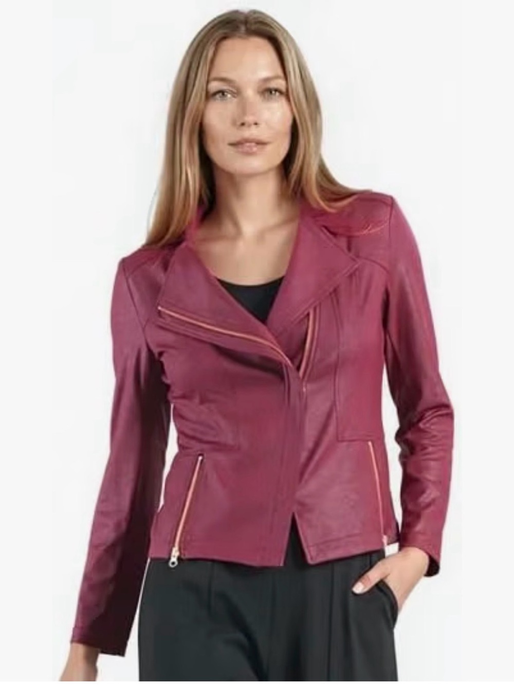 NWOT Clara Sun Woo Liquid Leather magenta Moto Jacket size 1X